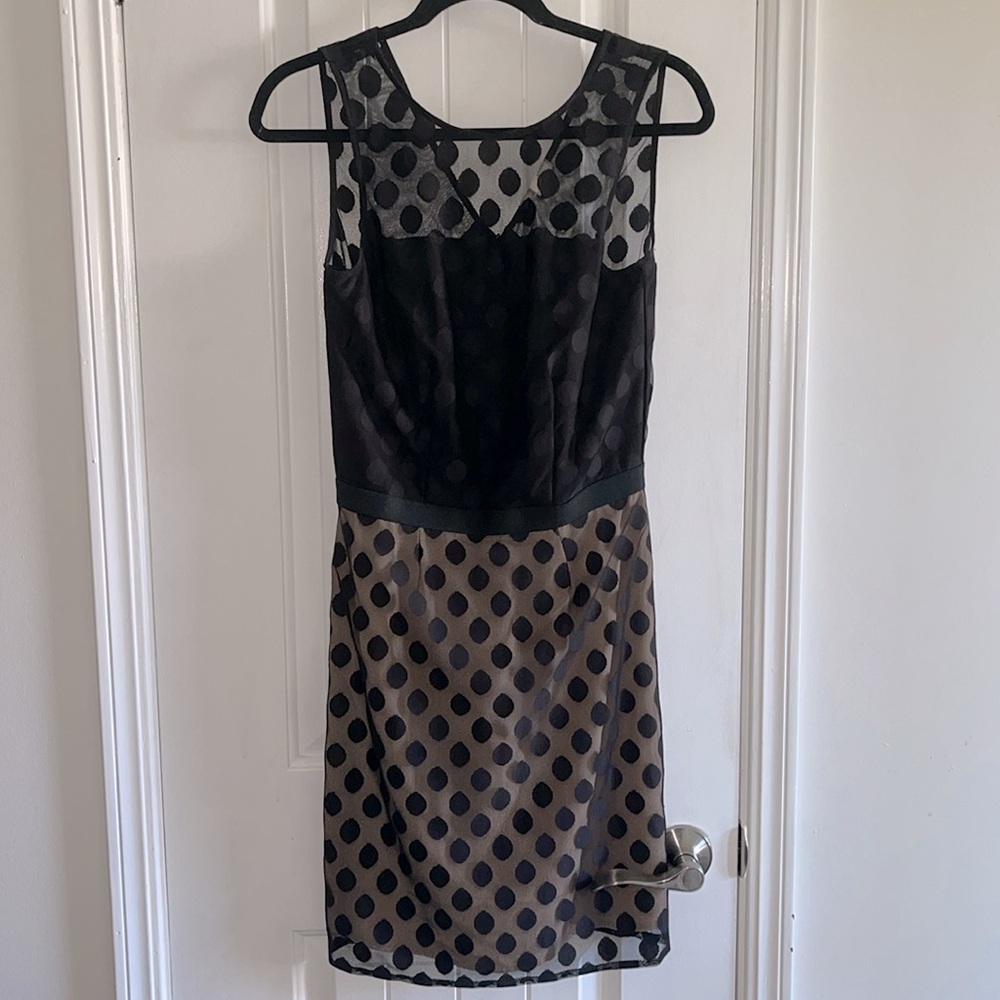 Anthropologie Pleione sleeveless black polka dot mini dress w semi sheer accent